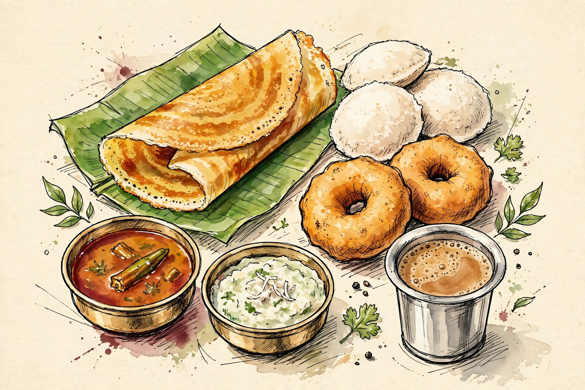 Hand-drawn sketch of South Indian food